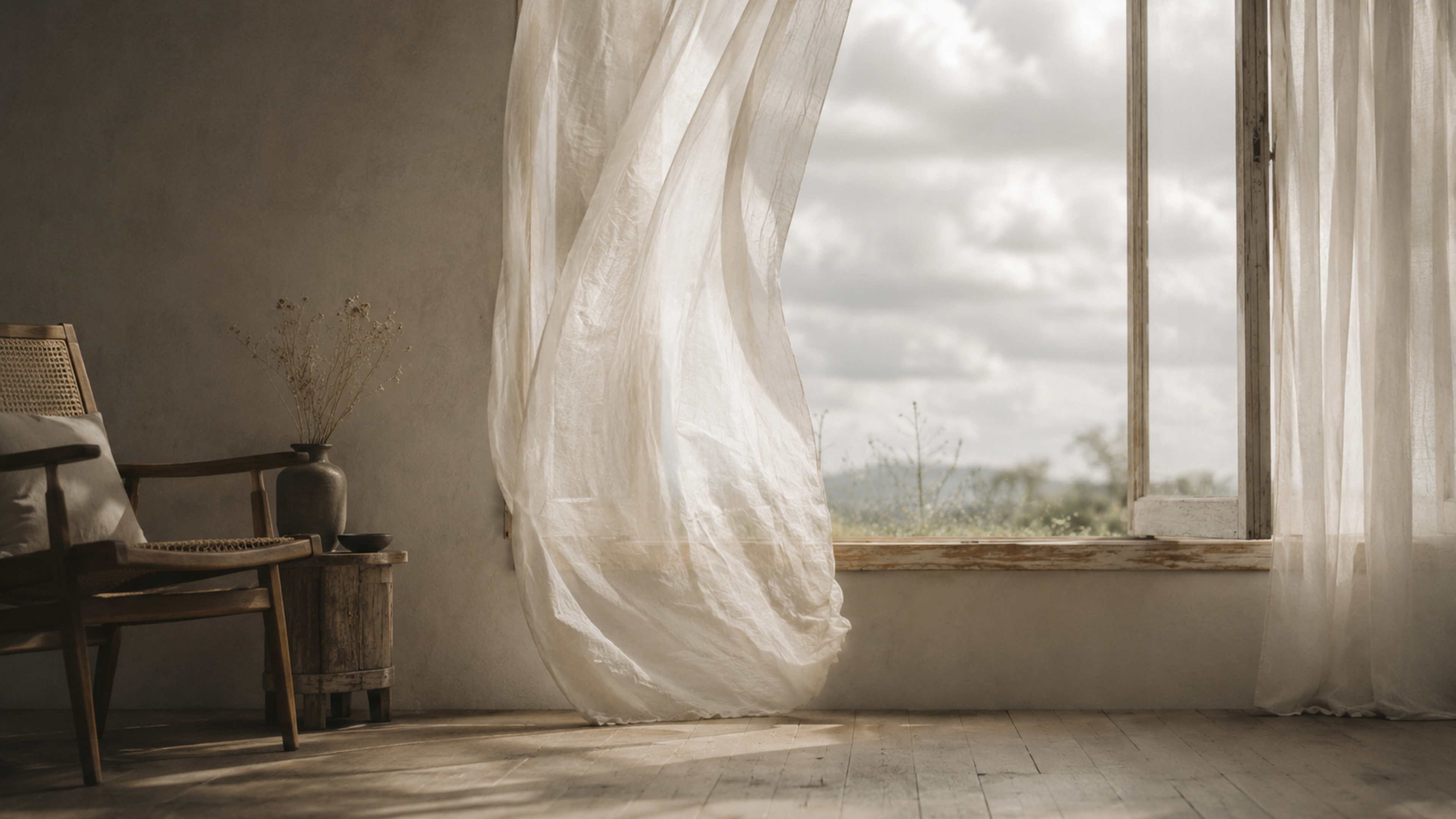 Sheer curtains moving beside an open window, from the Sereinora world Air