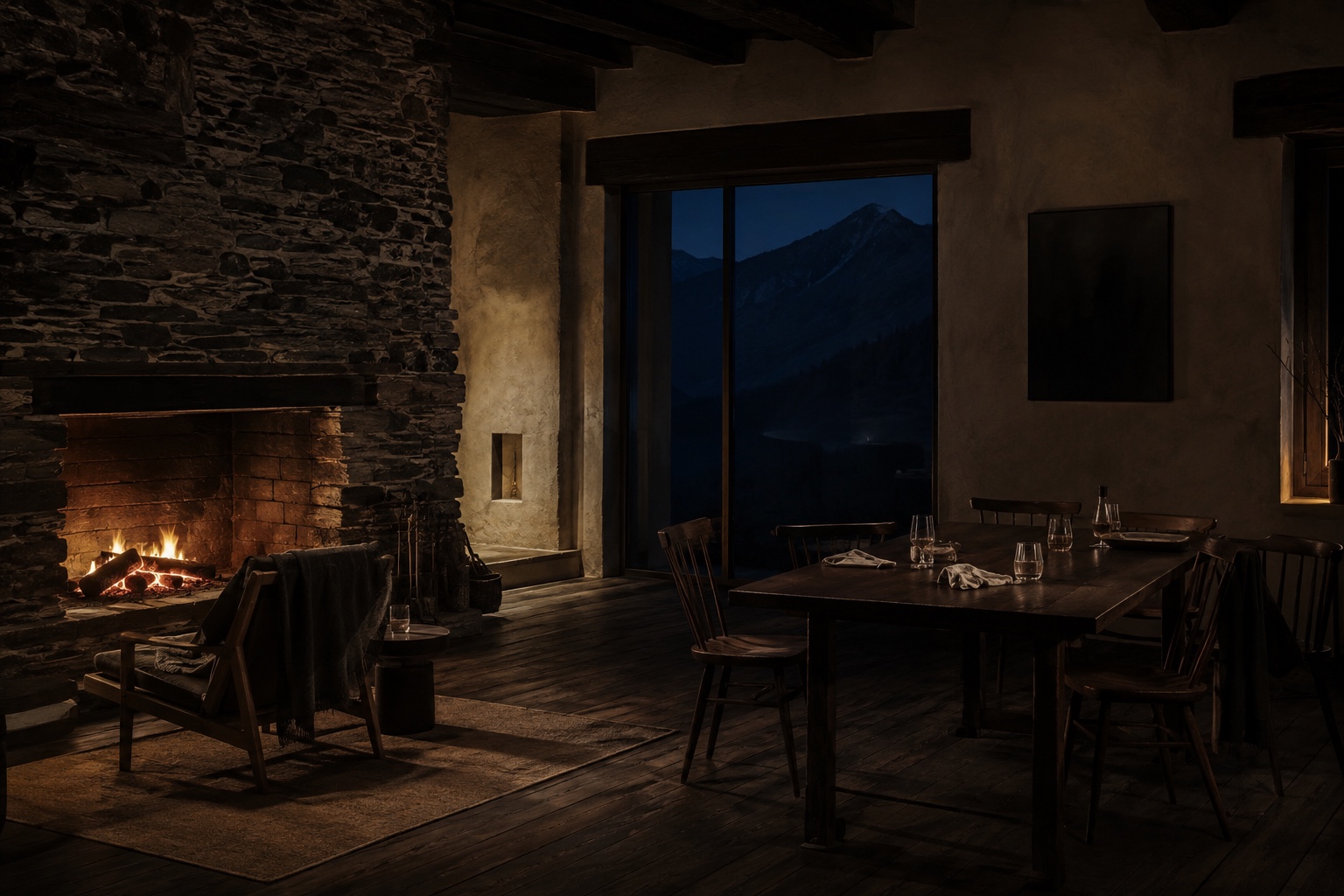 A quiet room held in deep amber light, from the Sereinora world Fire
