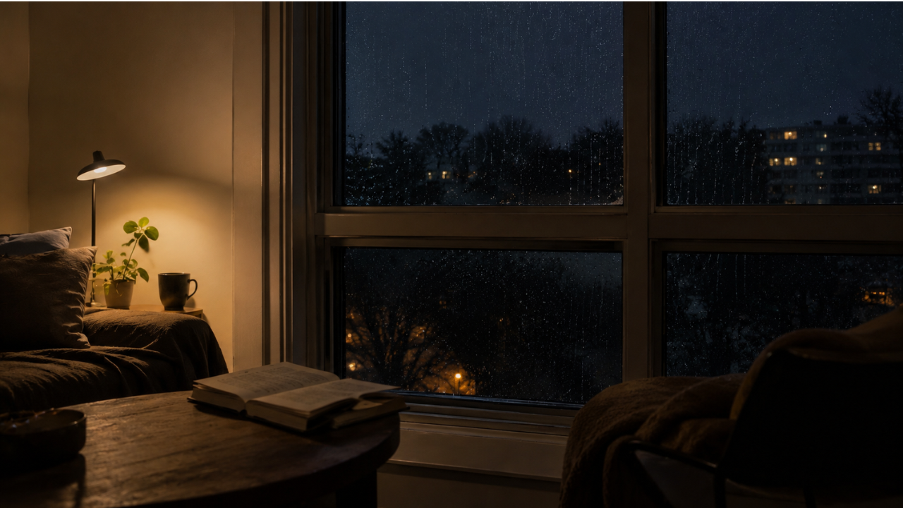A warm sheltered room beside a rain-dark window, from the Sereinora world Water